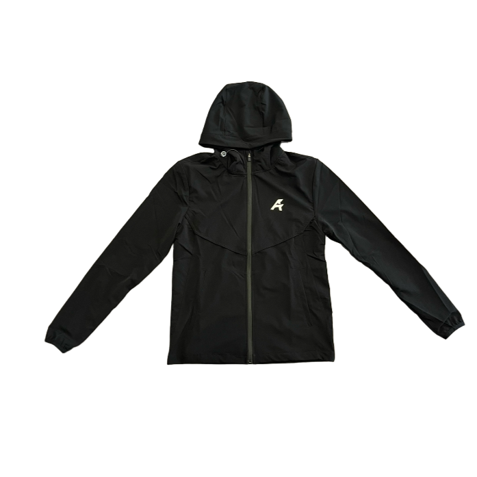 Black jacket with a brand logo on a white background