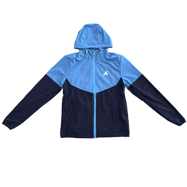 Two-tone blue and black jacket on a white background