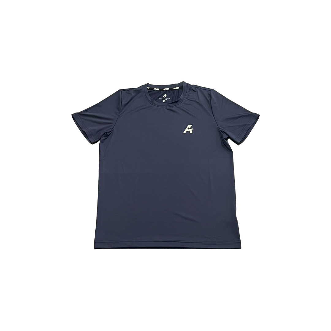 Navy blue t-shirt with a logo on a white background