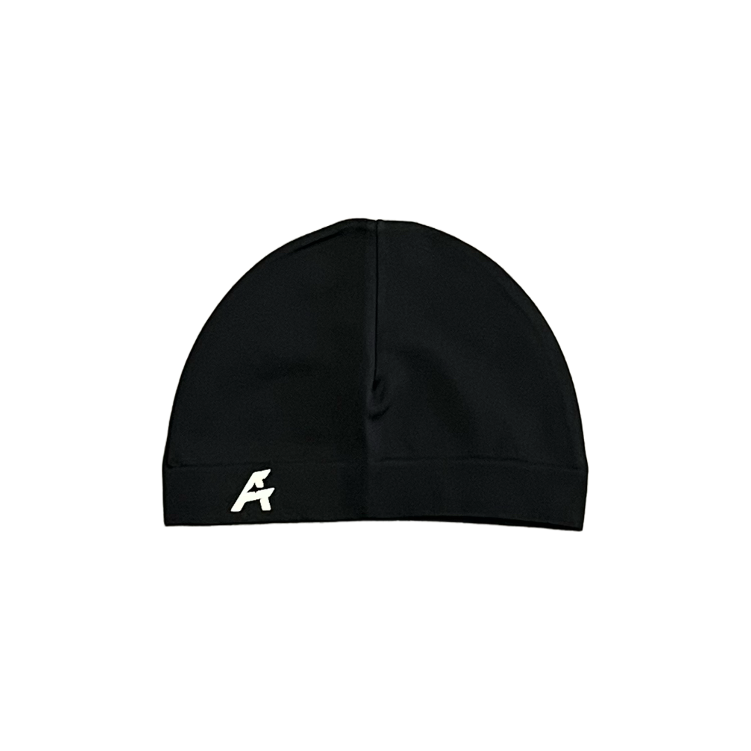 Black beanie with a logo on a white background