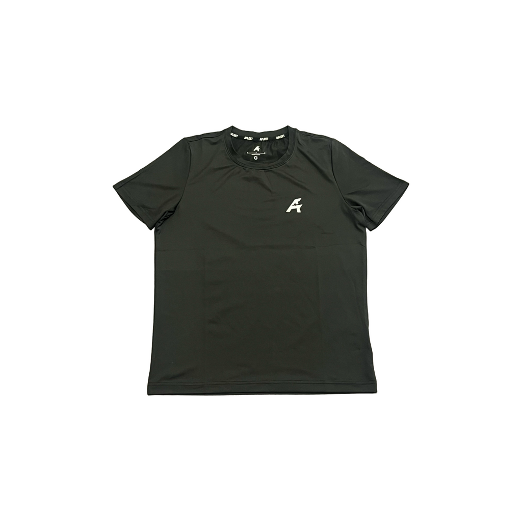 Black t-shirt with a logo on a white background