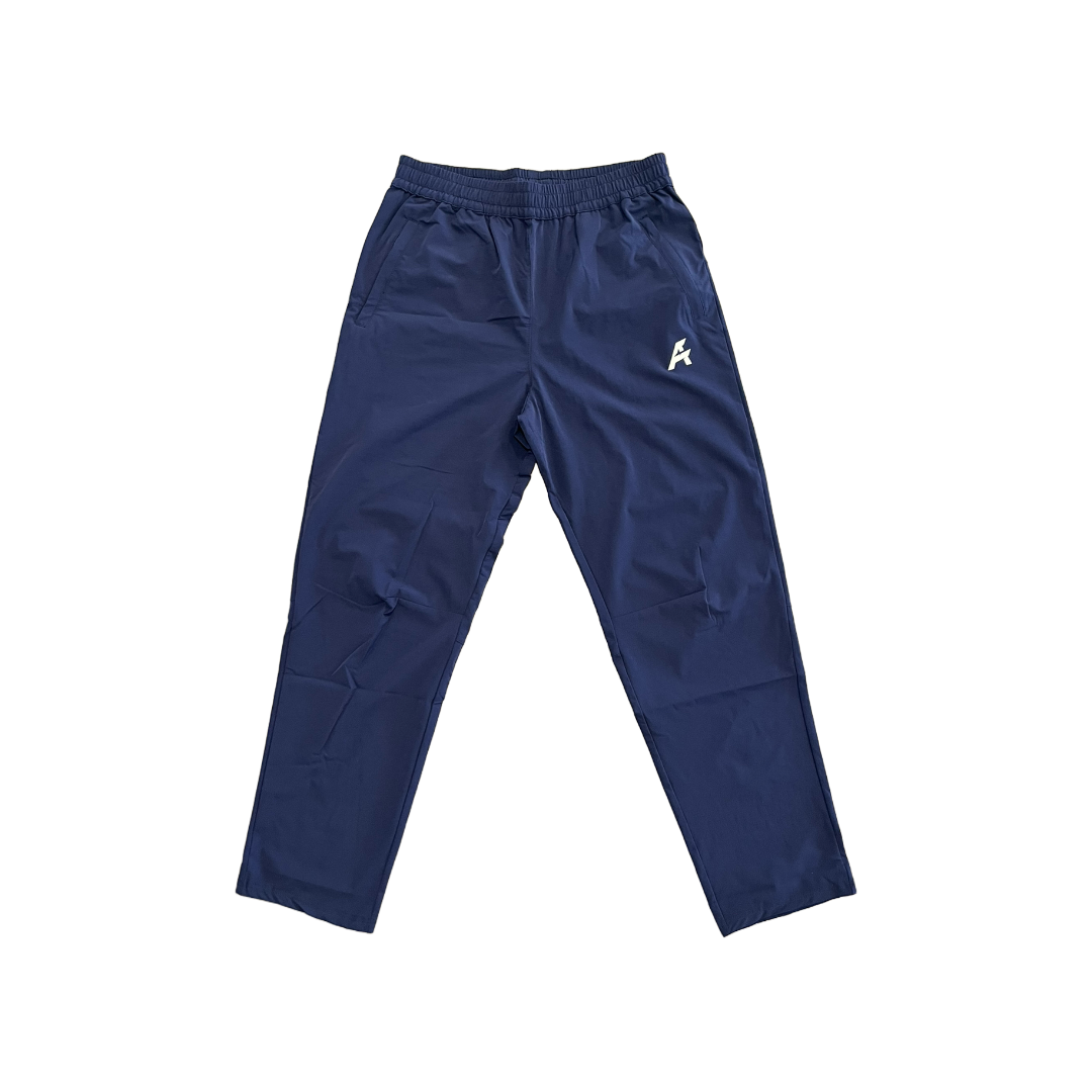 Navy blue pants with a logo on a white background