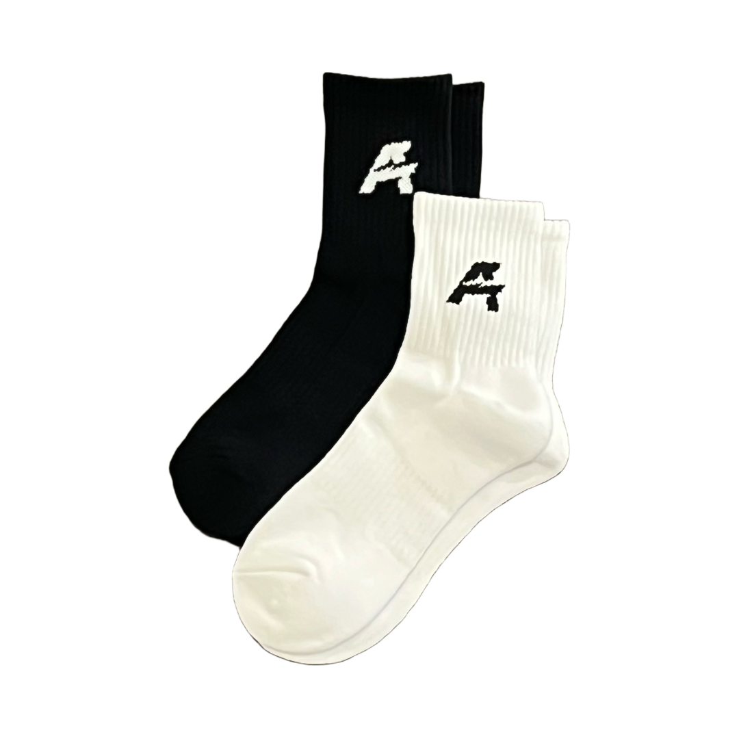 Two pairs of socks, one black and one white, with a logo on a white background.